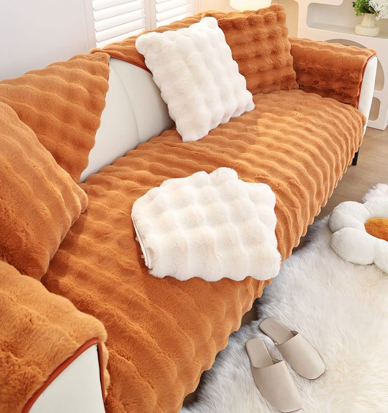 XSlive Soft Warm Faux Fur Couch Sofa Cover Thick Shaggy Fuzzy Sectional Couch Cover Non-Slip Solid Color Plush Sofa Slipcover Furniture Protector for Kids  Pets (Dark Orange 43""x43"") - Image 5