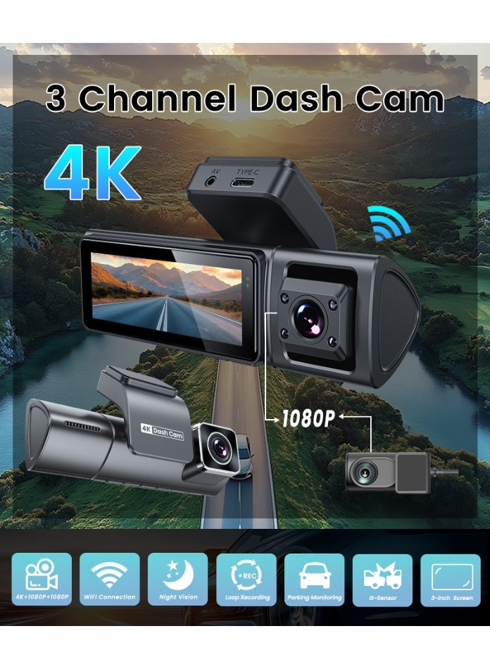 3.2inch Driving Recorder Dash Cam 3cam 4K Front 1080P Inside 1080P Reverse Car Security Camera Loop Recording Camera - Image 2