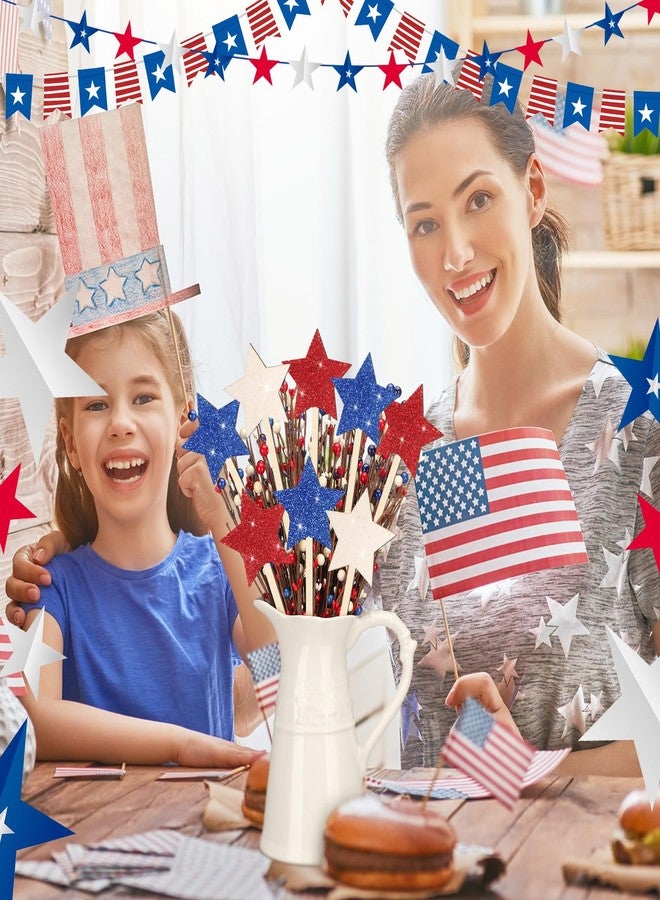 Vicenpal 24 Pcs Patriotic Glitter Wooden Star Picks Memorial Day Decorations 4th of July Double Sided Picks Red White Blue Decorative Vase Filler for Independence Day Home tabletop centerpieces - Image 3