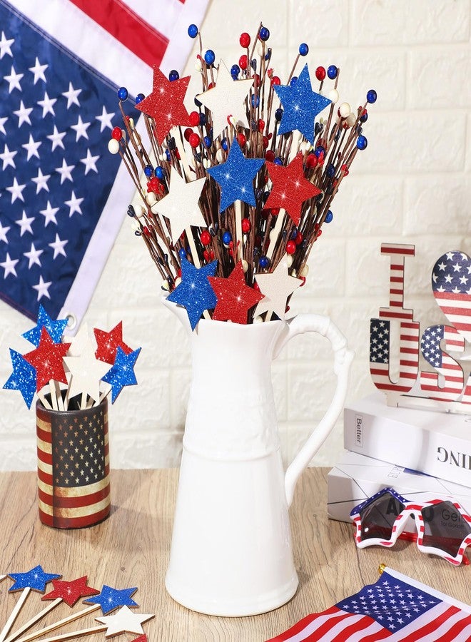 Vicenpal 24 Pcs Patriotic Glitter Wooden Star Picks Memorial Day Decorations 4th of July Double Sided Picks Red White Blue Decorative Vase Filler for Independence Day Home tabletop centerpieces - Image 4