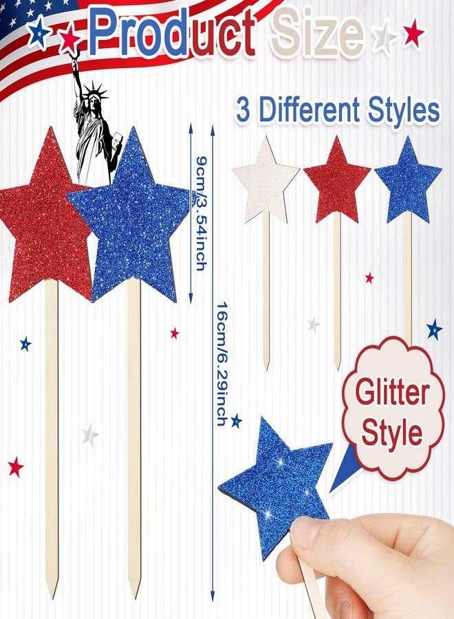 Vicenpal 24 Pcs Patriotic Glitter Wooden Star Picks Memorial Day Decorations 4th of July Double Sided Picks Red White Blue Decorative Vase Filler for Independence Day Home tabletop centerpieces - Image 2