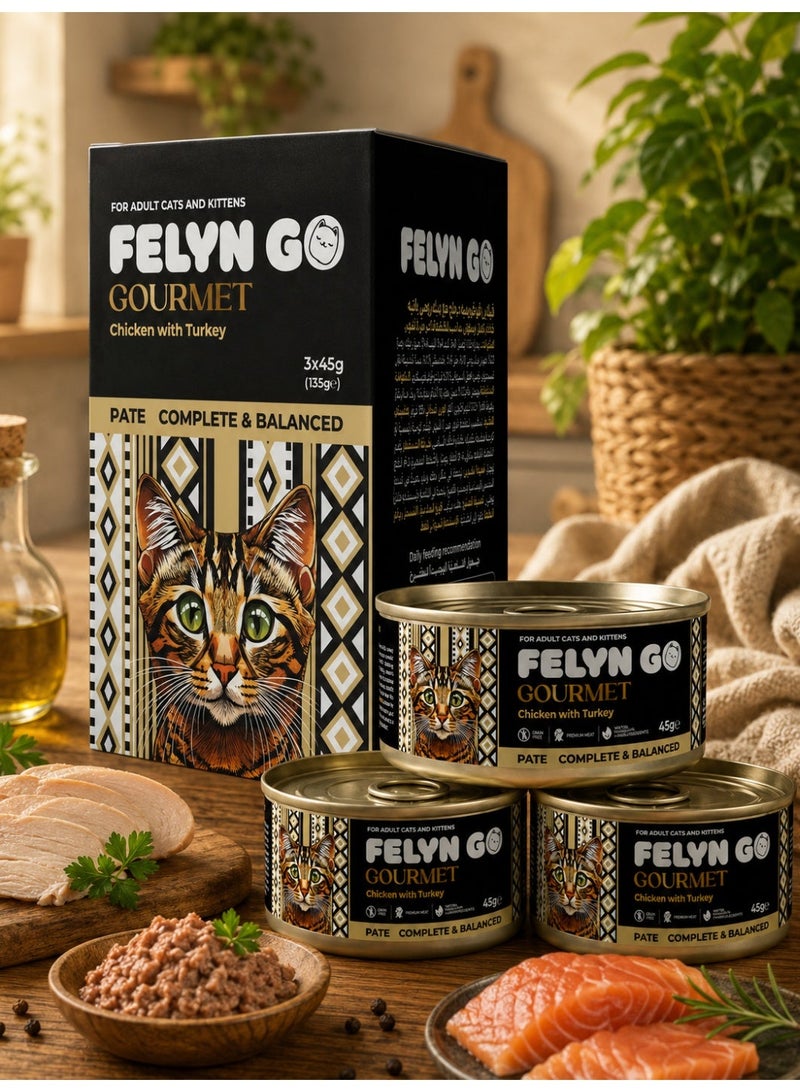 Felyn GO Chicken with Turkey Pâté for Adult Cats & Kittens – 3 Pack Wet Cat Food – Grain Free Premium Pâté – Complete & Balanced Nutrition (45g × 3) - Image 1