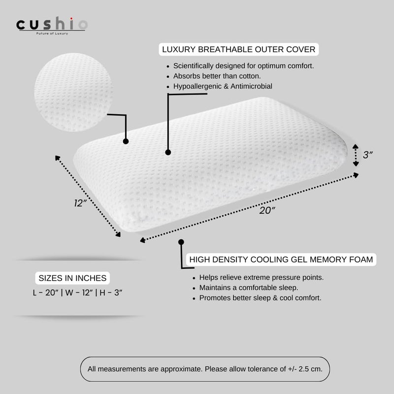 CUSHIO Orthopedic Memory Foam Pillow - 20x12x3 inches (Set of 1) - Ergonomic Support & Plush Comfort - Removable Soft Cover (White) - Image 2
