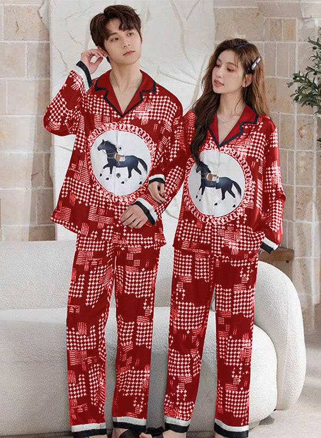 MARGOUN XL Size Men,Large Size Women, Couple Pajamas Set, Horse Print Nightwear Home Clothes for Men Women Red / MG13 - Image 1