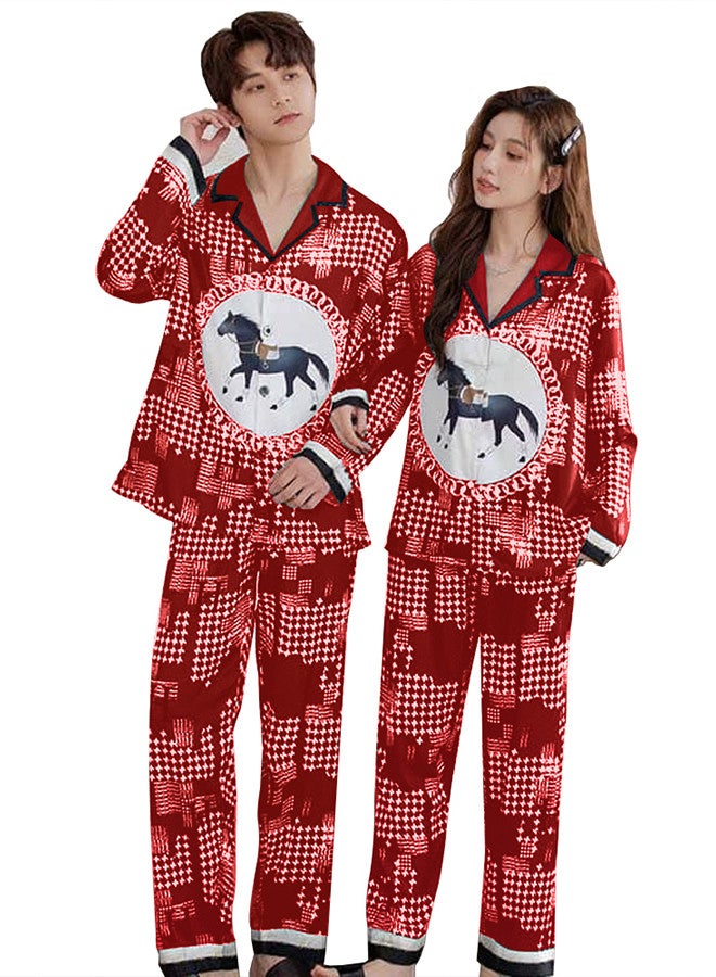 MARGOUN XL Size Men,Large Size Women, Couple Pajamas Set, Horse Print Nightwear Home Clothes for Men Women Red / MG13 - Image 4