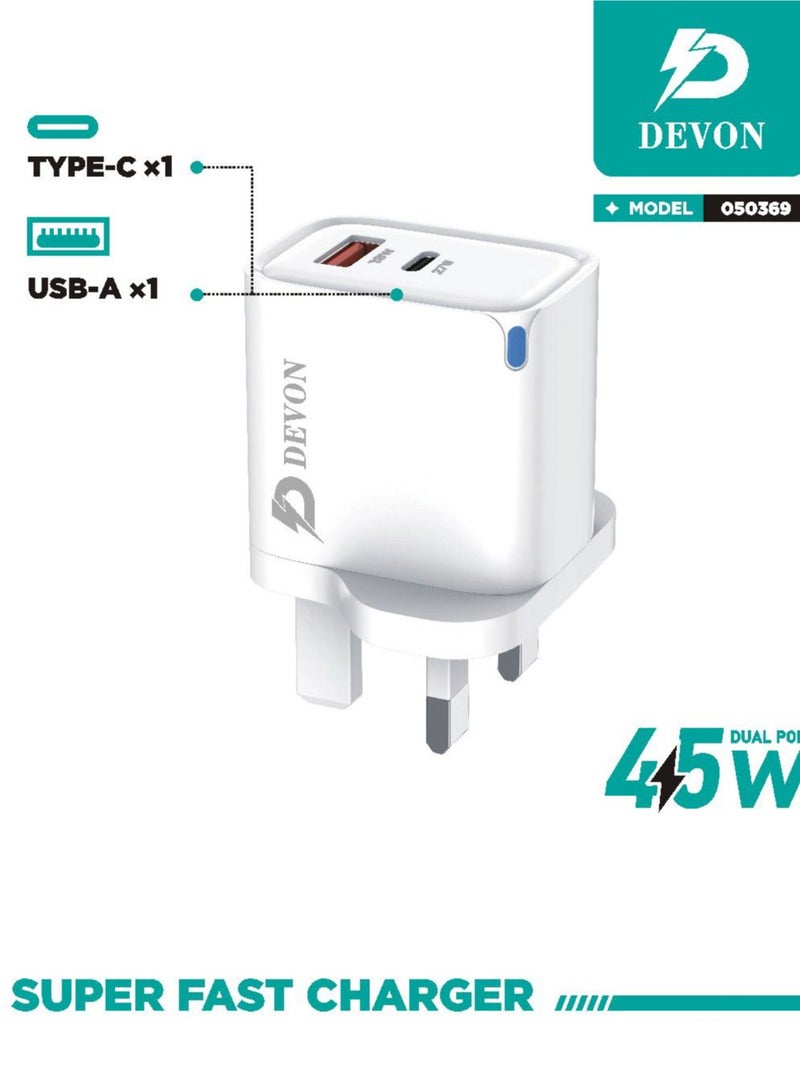 Devon 45W Wall Charger PD + USB Port White - Image 1
