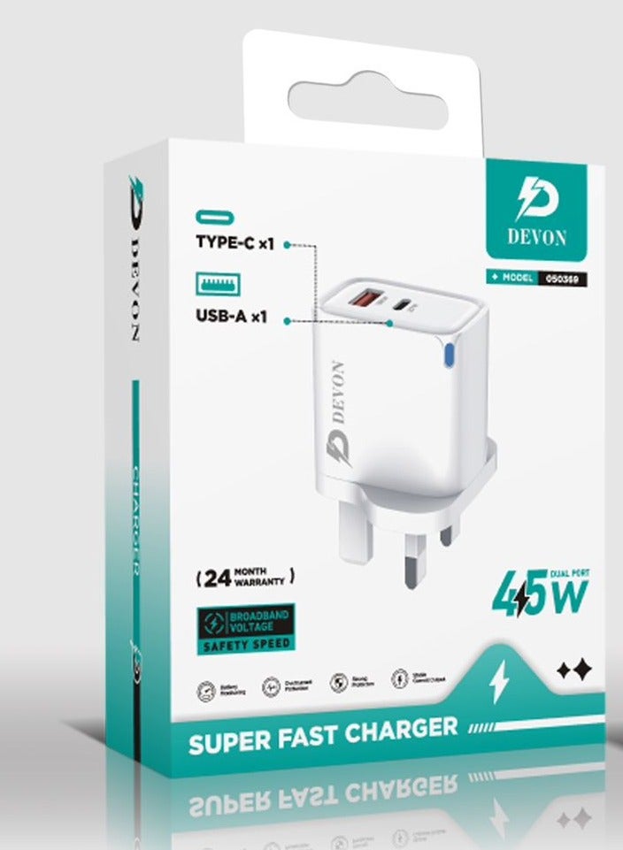 Devon 45W Wall Charger PD + USB Port White - Image 2