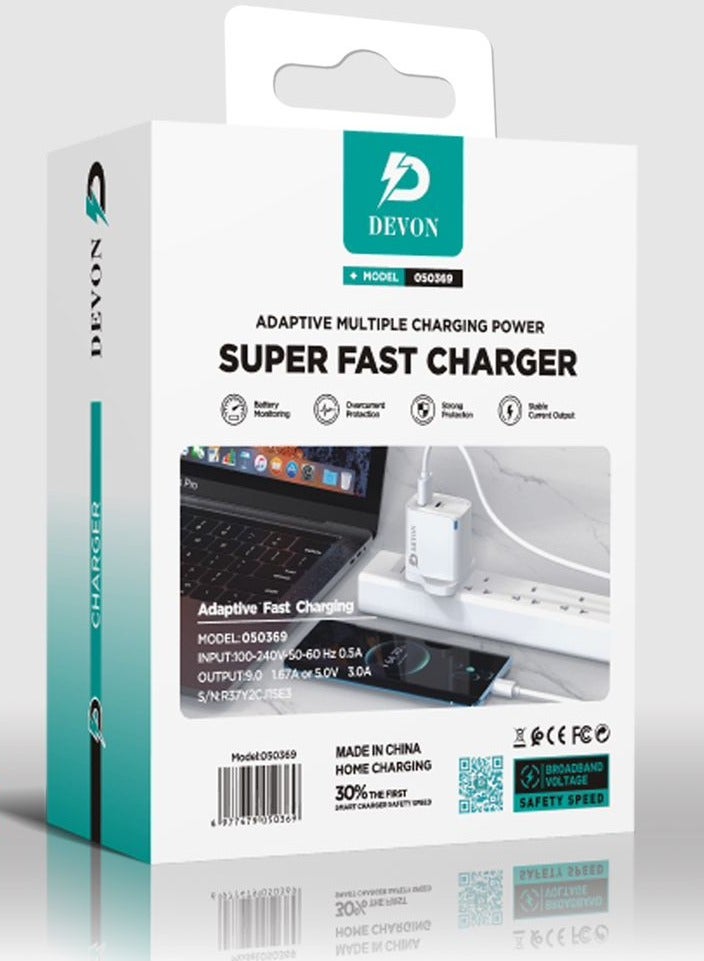 Devon 45W Wall Charger PD + USB Port White - Image 3