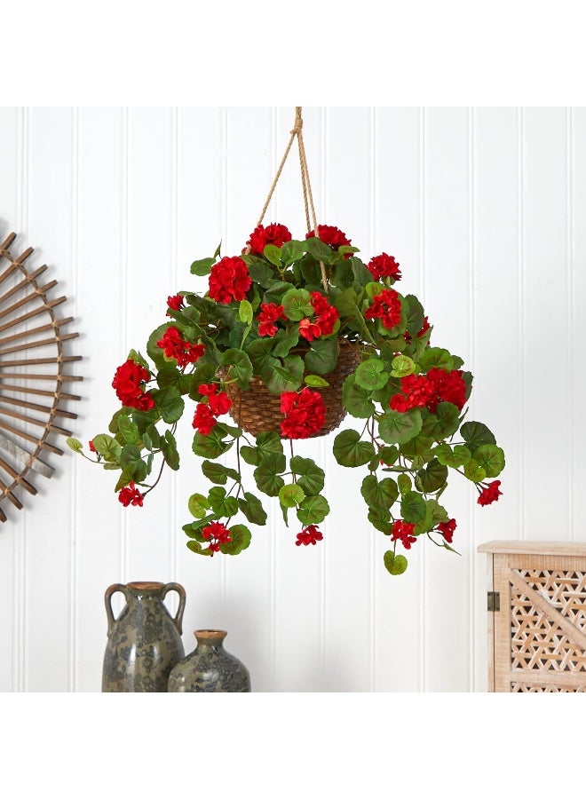 Nearly Natural 6609-RD 24in. Geranium Hanging Basket Silk Plant, Red, 10.25" x 10.25" x 17.5" - Image 5