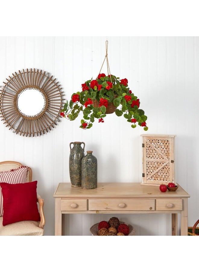 Nearly Natural 6609-RD 24in. Geranium Hanging Basket Silk Plant, Red, 10.25" x 10.25" x 17.5" - Image 4