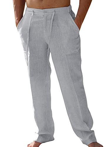 PASLTER Mens Casual Linen Pants Loose Fit Straight-Legs Elastic Drawstring Waist Summer Beach Yoga Long Pants A-Grey - Image 1