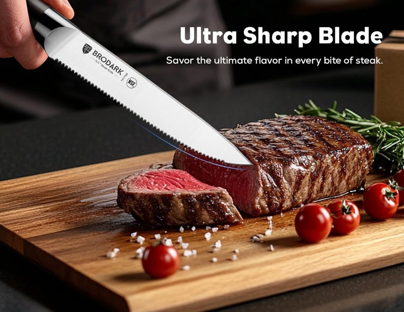BRODARK Steak Knives Set of 4: 4.5 Inch Serrated Dinner Knives with Wood Handle - High Carbon Stainless Steel Steak Knife - NSF Certified Food Grade Steel, Rust Resistant & Never Need Sharpening - Image 3
