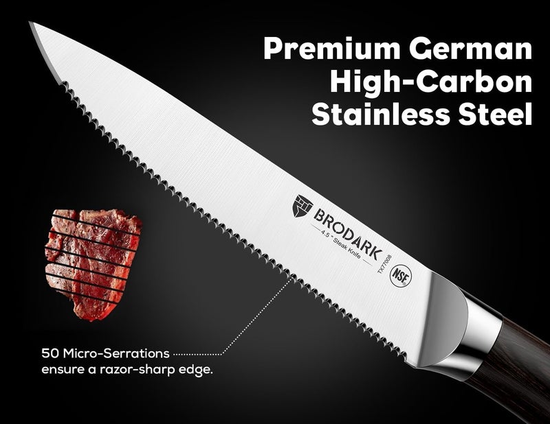 BRODARK Steak Knives Set of 4: 4.5 Inch Serrated Dinner Knives with Wood Handle - High Carbon Stainless Steel Steak Knife - NSF Certified Food Grade Steel, Rust Resistant & Never Need Sharpening - Image 2