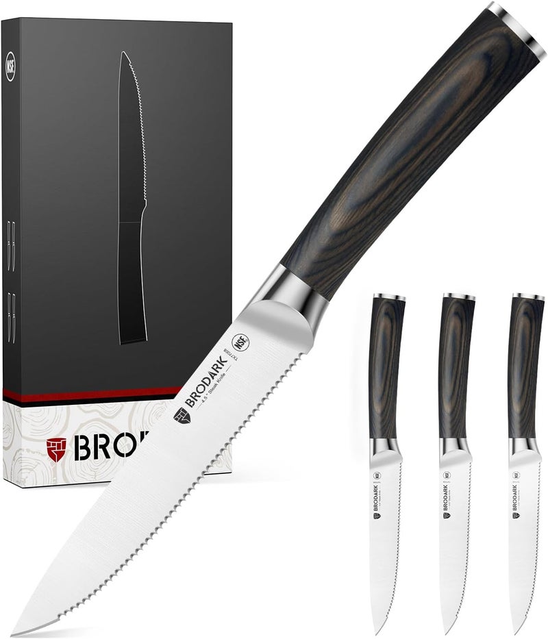 BRODARK Steak Knives Set of 4: 4.5 Inch Serrated Dinner Knives with Wood Handle - High Carbon Stainless Steel Steak Knife - NSF Certified Food Grade Steel, Rust Resistant & Never Need Sharpening - Image 1