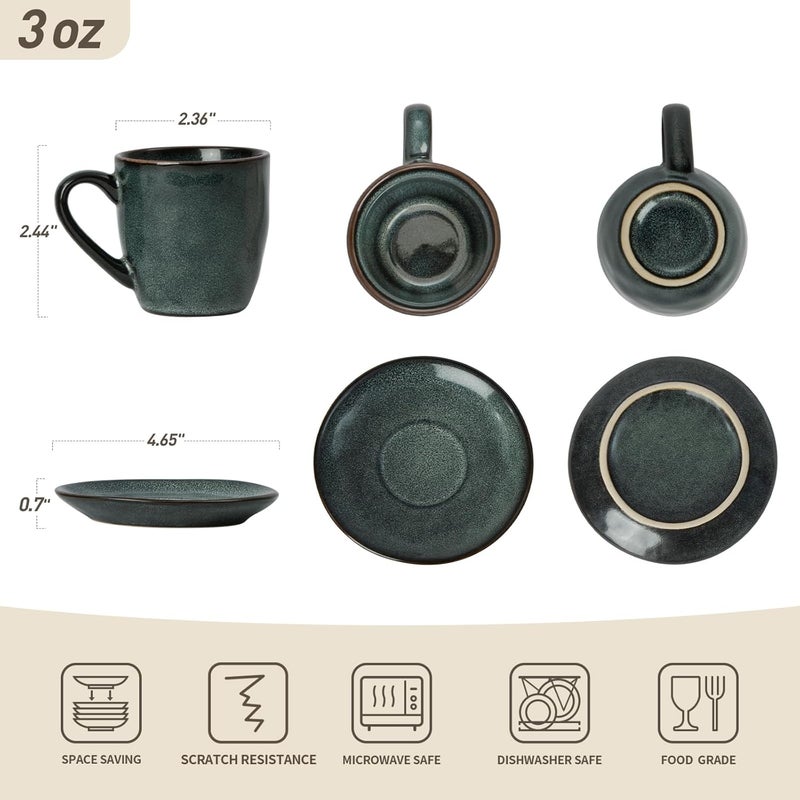 famiware Ocean Espresso Cups with Saucers Set of 4 - 3.34oz Stoneware Coffee Mug Set in Deep Forest - Image 5