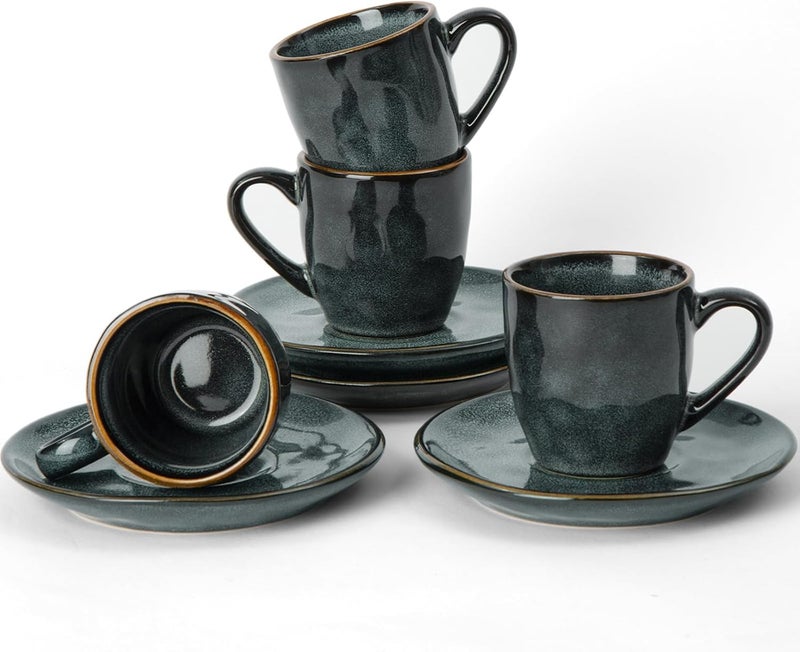 famiware Ocean Espresso Cups with Saucers Set of 4 - 3.34oz Stoneware Coffee Mug Set in Deep Forest - Image 1