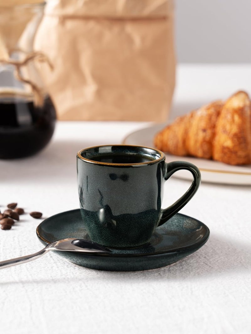 famiware Ocean Espresso Cups with Saucers Set of 4 - 3.34oz Stoneware Coffee Mug Set in Deep Forest - Image 2