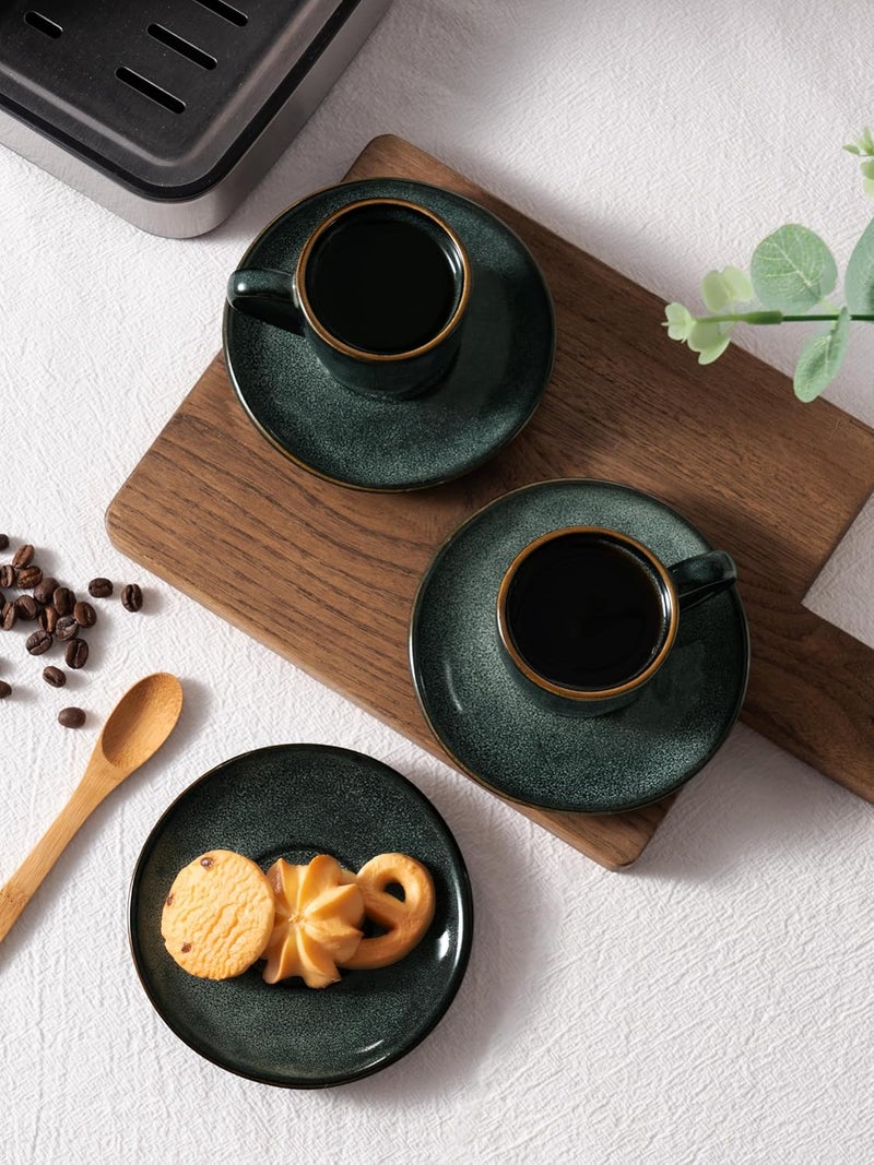 famiware Ocean Espresso Cups with Saucers Set of 4 - 3.34oz Stoneware Coffee Mug Set in Deep Forest - Image 4