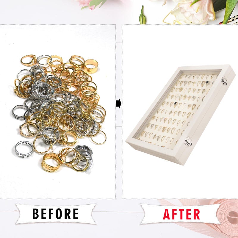 Siveit Velvet Ring Display Tray Organizer Box with Transparent Lid, 100 Slot Ring Holder Showcase For Store Display Jewelry Show Home, Ring Organizer For Rings Earrings (Beige) - Image 5