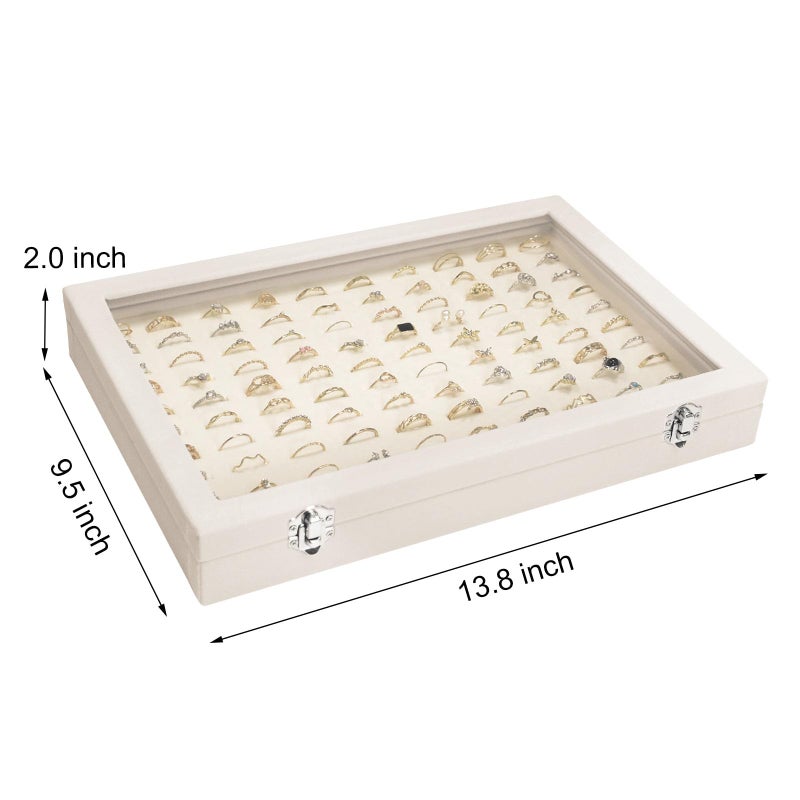 Siveit Velvet Ring Display Tray Organizer Box with Transparent Lid, 100 Slot Ring Holder Showcase For Store Display Jewelry Show Home, Ring Organizer For Rings Earrings (Beige) - Image 3