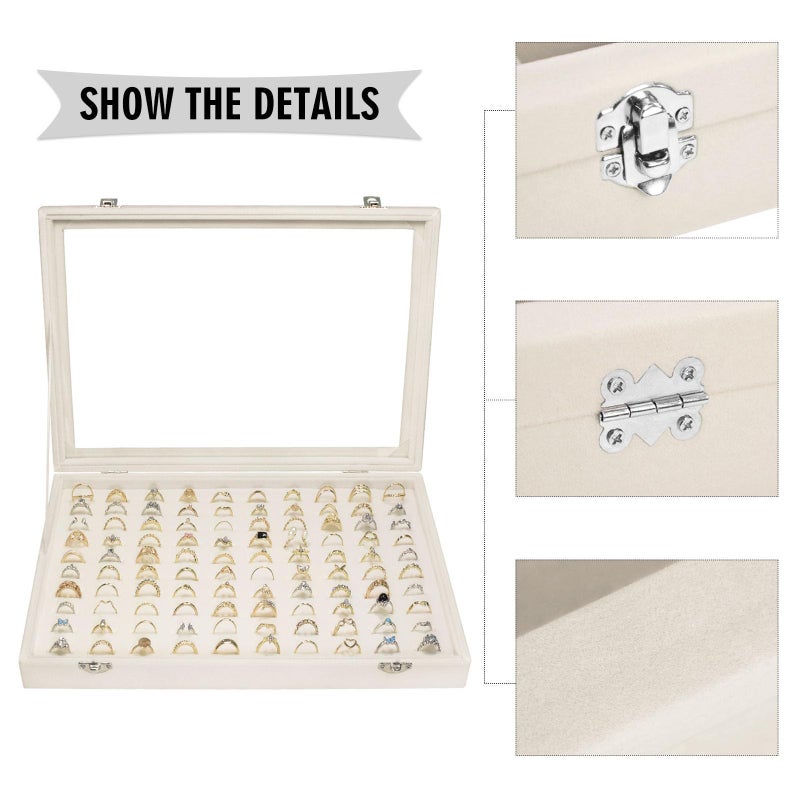 Siveit Velvet Ring Display Tray Organizer Box with Transparent Lid, 100 Slot Ring Holder Showcase For Store Display Jewelry Show Home, Ring Organizer For Rings Earrings (Beige) - Image 4