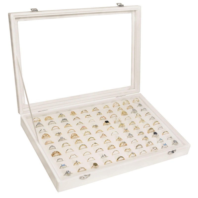 Siveit Velvet Ring Display Tray Organizer Box with Transparent Lid, 100 Slot Ring Holder Showcase For Store Display Jewelry Show Home, Ring Organizer For Rings Earrings (Beige) - Image 1