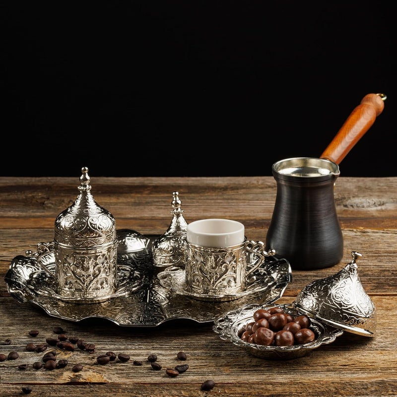 DEMMEX 2024 Turkish Greek Arabic Coffee Making and Serving Full Set with Cups Saucers Lids Sugar Bowl Tray and Antiqued Copper Coffee Pot, 12 Pcs (Silver) - Image 2