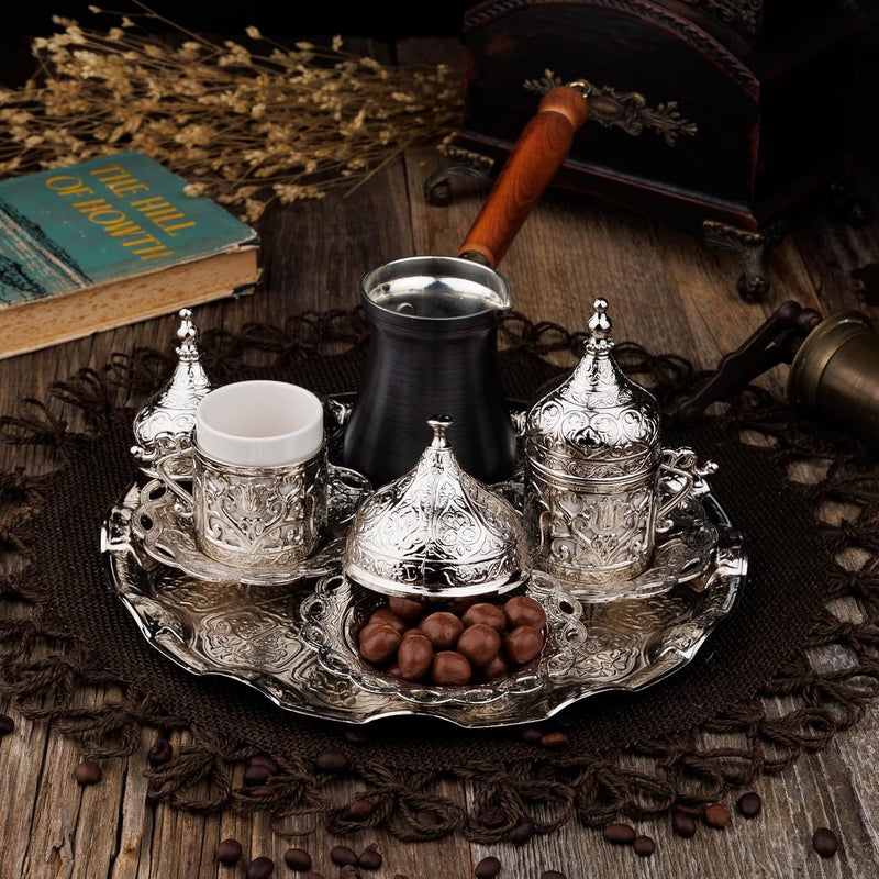 DEMMEX 2024 Turkish Greek Arabic Coffee Making and Serving Full Set with Cups Saucers Lids Sugar Bowl Tray and Antiqued Copper Coffee Pot, 12 Pcs (Silver) - Image 3