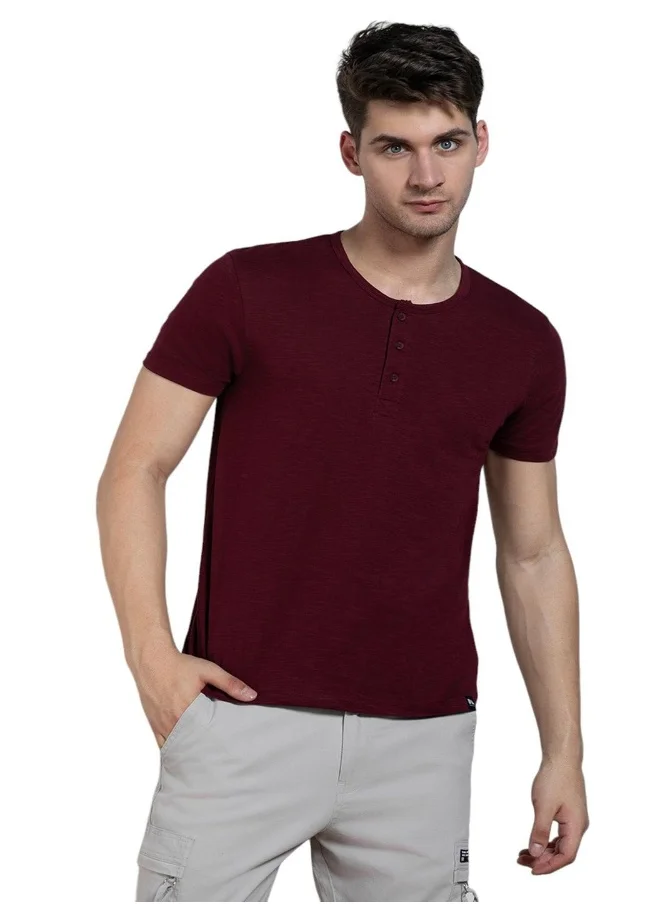 Dennis Lingo Regular Fit Wine Cotton Henley Neck T-Shirt