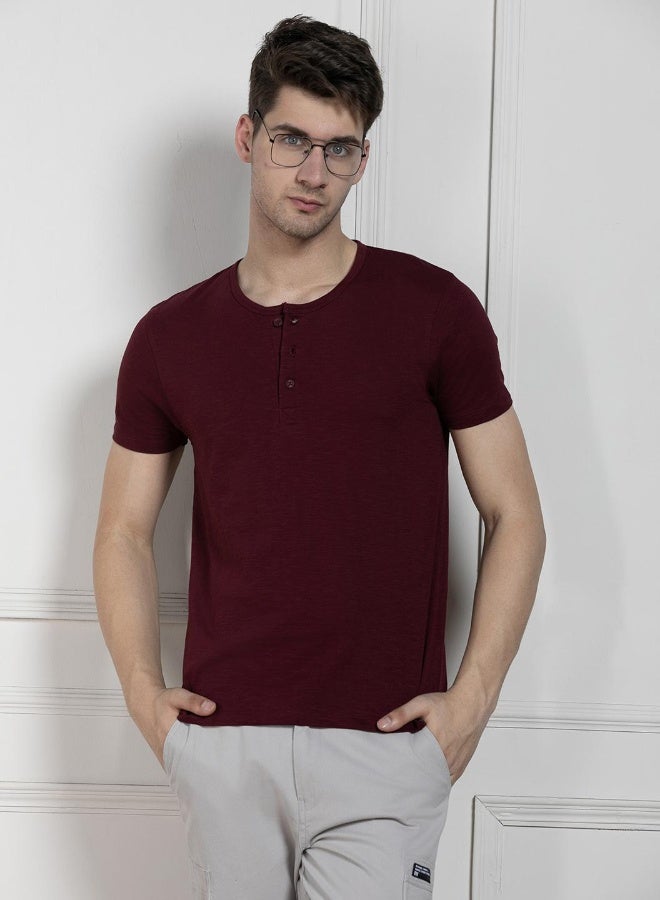 Dennis Lingo Men's Wine 100% Cotton Solid Pattern Regular Fit T-Shirt  - Image 3