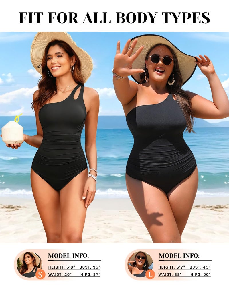 Holipick One Shoulder One Piece Swimsuit for Women Tummy Control Bathing Suits Modest Full Coverage Keyhole Swimwear Black - Image 5