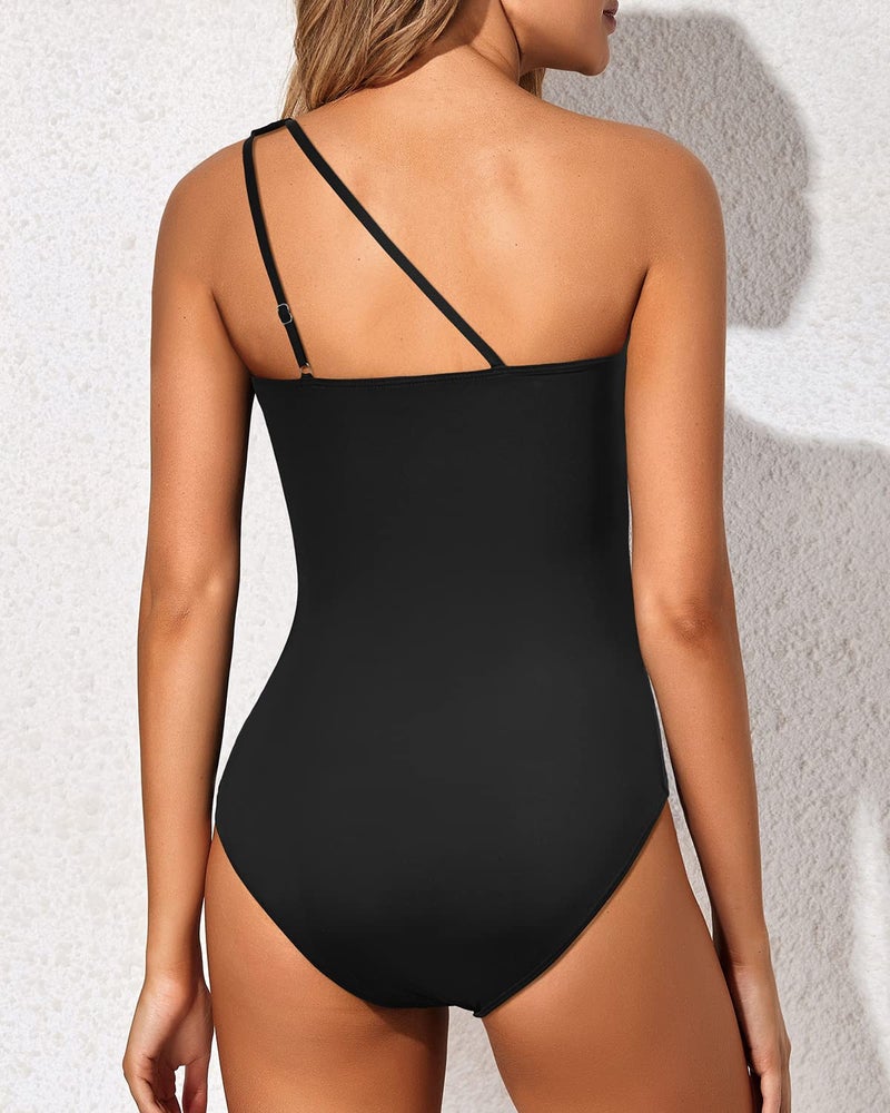 Holipick One Shoulder One Piece Swimsuit for Women Tummy Control Bathing Suits Modest Full Coverage Keyhole Swimwear Black - Image 2