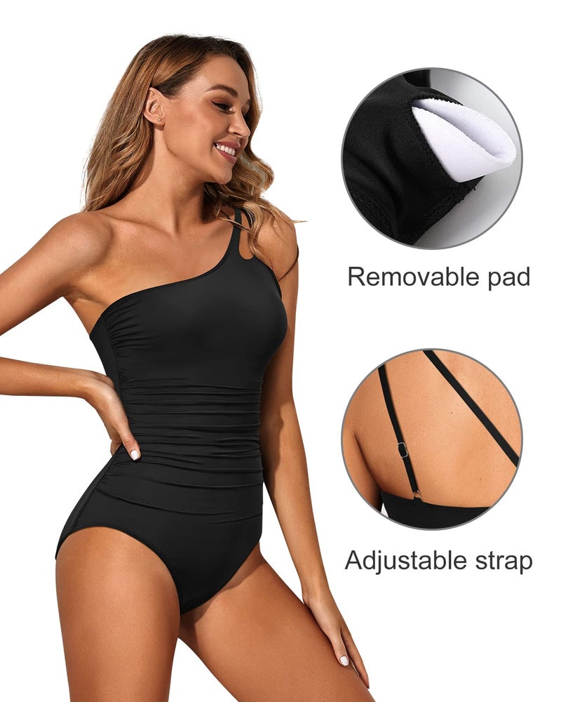 Holipick One Shoulder One Piece Swimsuit for Women Tummy Control Bathing Suits Modest Full Coverage Keyhole Swimwear Black - Image 4