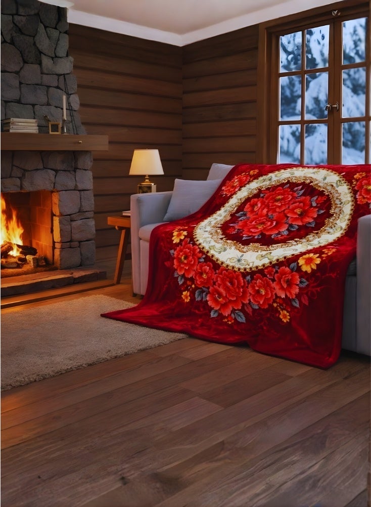 بريميم بطانية فاخرة فائقة النعومة بوزن ثمانية كيلوغرامات بنقشة زهور بلون عنابي داكن – مقاس مئتان وأربعون سنتيمتر × مئتان وعشرون سنتيمتر – بطانية شتوية فخمة شديدة الدفء بطبقتين من الفرو الناعم للغاية مع نقش ميدالية كلاسيكي، مصنوعة من خامات عالية الجودة - Image 4