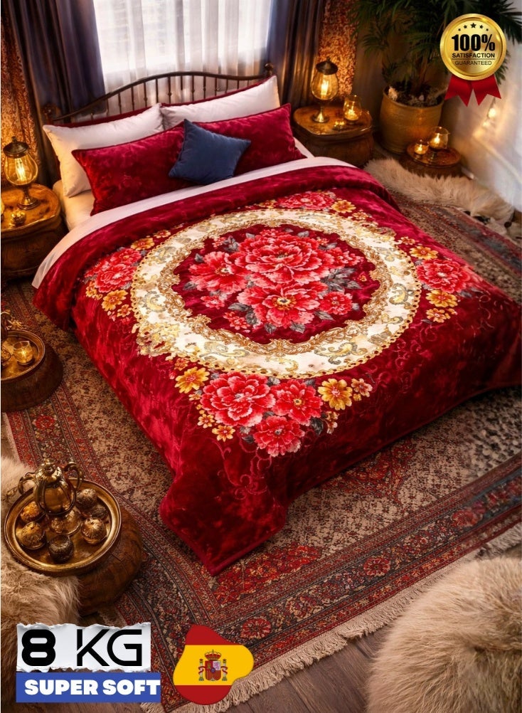 بريميم بطانية فاخرة فائقة النعومة بوزن ثمانية كيلوغرامات بنقشة زهور بلون عنابي داكن – مقاس مئتان وأربعون سنتيمتر × مئتان وعشرون سنتيمتر – بطانية شتوية فخمة شديدة الدفء بطبقتين من الفرو الناعم للغاية مع نقش ميدالية كلاسيكي، مصنوعة من خامات عالية الجودة - Image 2