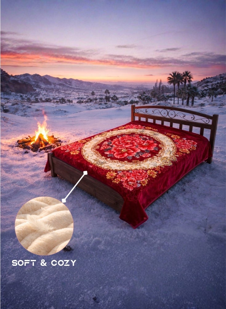 بريميم بطانية فاخرة فائقة النعومة بوزن ثمانية كيلوغرامات بنقشة زهور بلون عنابي داكن – مقاس مئتان وأربعون سنتيمتر × مئتان وعشرون سنتيمتر – بطانية شتوية فخمة شديدة الدفء بطبقتين من الفرو الناعم للغاية مع نقش ميدالية كلاسيكي، مصنوعة من خامات عالية الجودة - Image 3