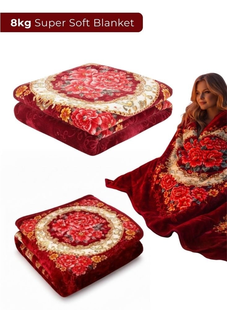 بريميم بطانية فاخرة فائقة النعومة بوزن ثمانية كيلوغرامات بنقشة زهور بلون عنابي داكن – مقاس مئتان وأربعون سنتيمتر × مئتان وعشرون سنتيمتر – بطانية شتوية فخمة شديدة الدفء بطبقتين من الفرو الناعم للغاية مع نقش ميدالية كلاسيكي، مصنوعة من خامات عالية الجودة - Image 1