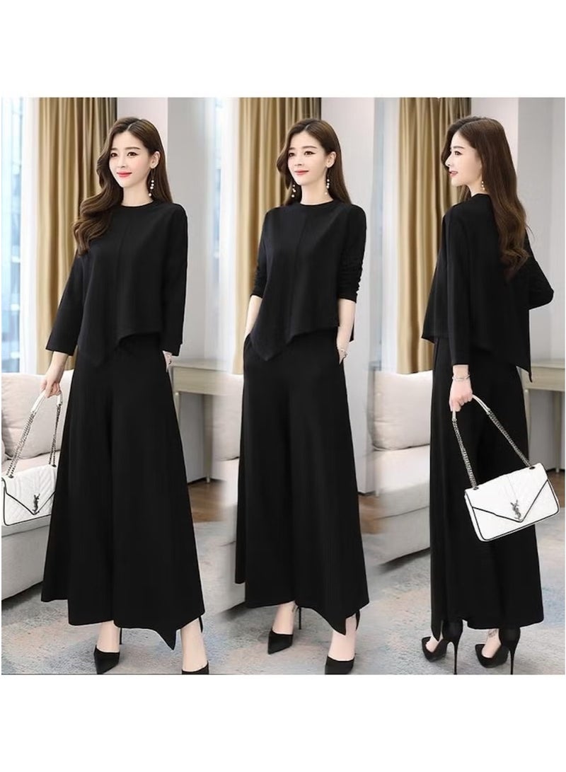 Huitich Women’s Two-Piece Casual Suit – Skirt & Pants Combo – Slim Fit, Asymmetrical Hem – Black (Size L) - Image 4