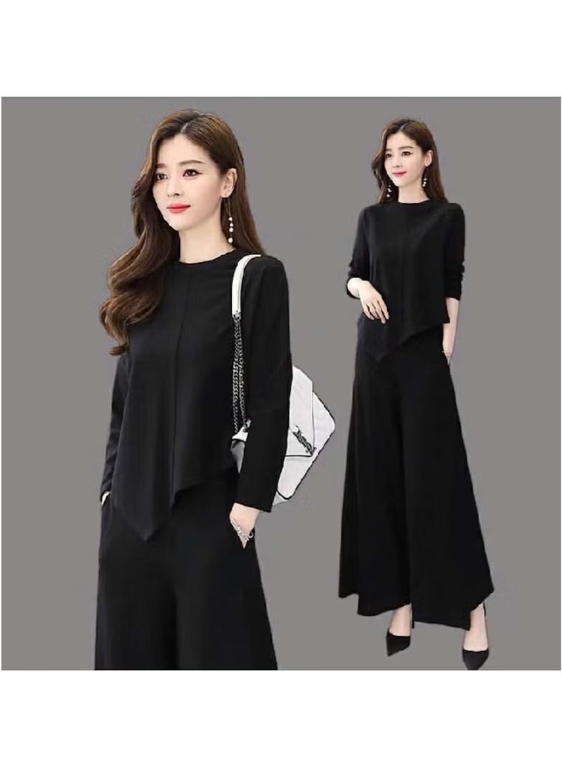 Huitich Women’s Two-Piece Casual Suit – Skirt & Pants Combo – Slim Fit, Asymmetrical Hem – Black (Size L) - Image 5