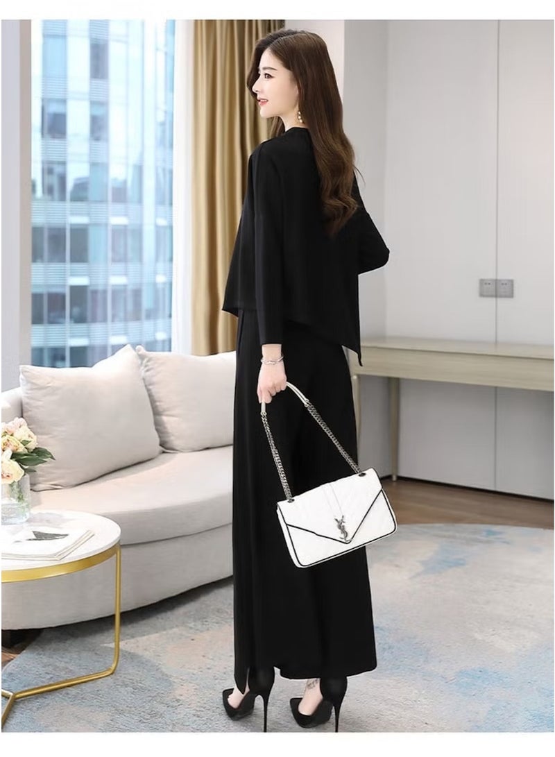 Huitich Women’s Two-Piece Casual Suit – Skirt & Pants Combo – Slim Fit, Asymmetrical Hem – Black (Size L) - Image 3