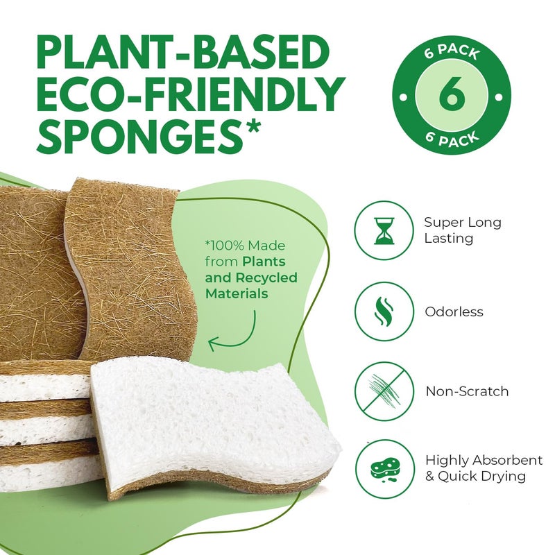 AIRNEX Natural Kitchen Sponges (6 Pack) - Biodegradable Cellulose & Coconut Scrubber Dish Sponges for Kitchen - Eco-Friendly, Non Scratch, Compostable, Non Toxic S-Shaped Natural Sponges for Dishes - Image 3