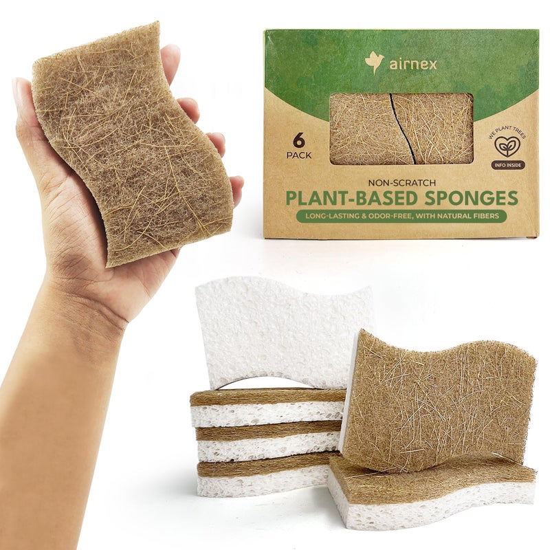 AIRNEX Natural Kitchen Sponges (6 Pack) - Biodegradable Cellulose & Coconut Scrubber Dish Sponges for Kitchen - Eco-Friendly, Non Scratch, Compostable, Non Toxic S-Shaped Natural Sponges for Dishes - Image 1