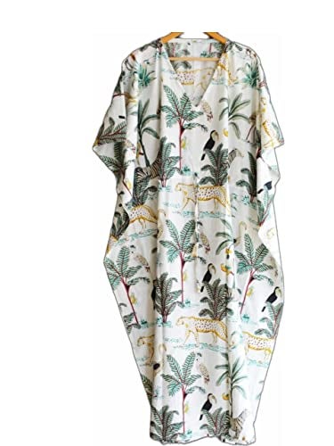 INDACORIFY Cotton Hand Block Print Kaftan Sleepwear Maxi Dress Robe, Women Dress Long Caftan,Dress Beach Cover up, Indian Handmade Floral Cotton Kaftan Multi - Image 1