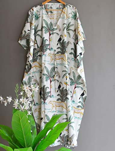 INDACORIFY Cotton Hand Block Print Kaftan Sleepwear Maxi Dress Robe, Women Dress Long Caftan,Dress Beach Cover up, Indian Handmade Floral Cotton Kaftan Multi - Image 2