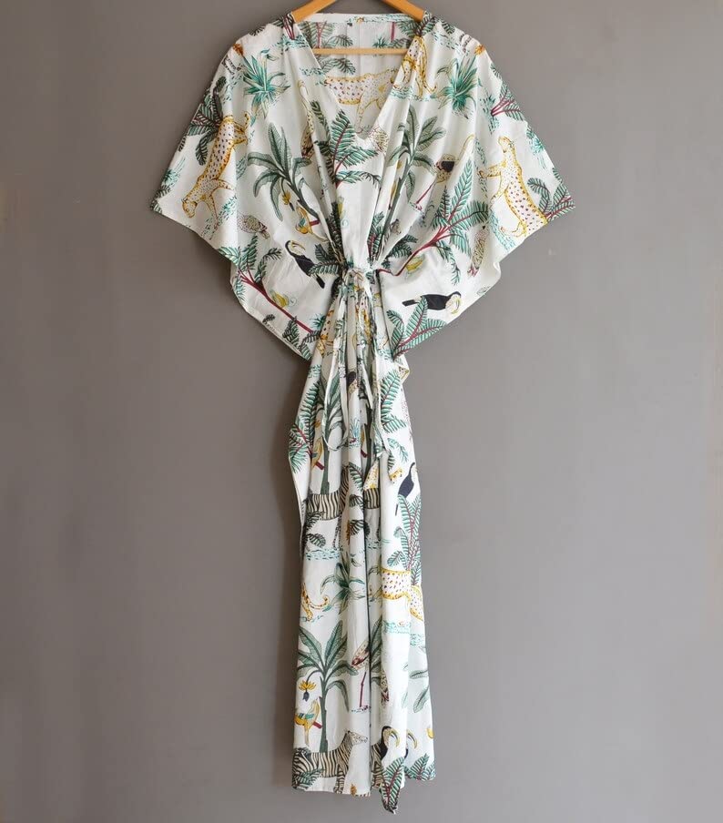 INDACORIFY Cotton Hand Block Print Kaftan Sleepwear Maxi Dress Robe, Women Dress Long Caftan,Dress Beach Cover up, Indian Handmade Floral Cotton Kaftan Multi - Image 3