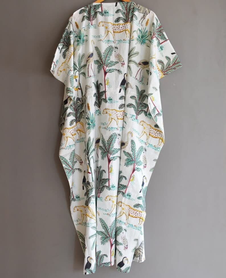INDACORIFY Cotton Hand Block Print Kaftan Sleepwear Maxi Dress Robe, Women Dress Long Caftan,Dress Beach Cover up, Indian Handmade Floral Cotton Kaftan Multi - Image 5