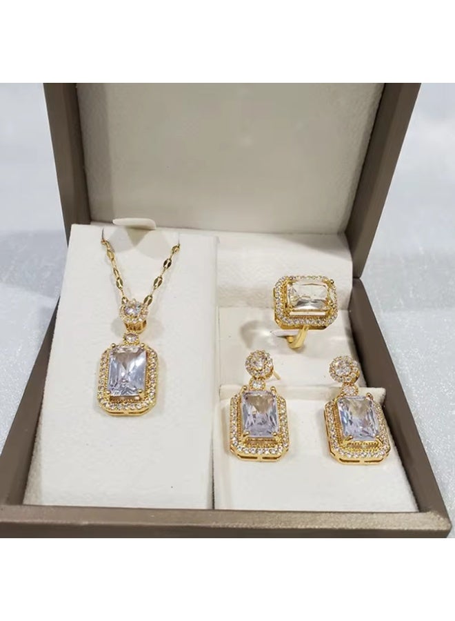 Julia Store Princess Style Rhinestone Zircon Simulated Emerald-Cut Pendant Earrings Ring Necklace for Women Square Cubic Zirconia Aesthetic 18K Gold Plated Stainless Steel Jewelry Set of 3 - White - Image 3