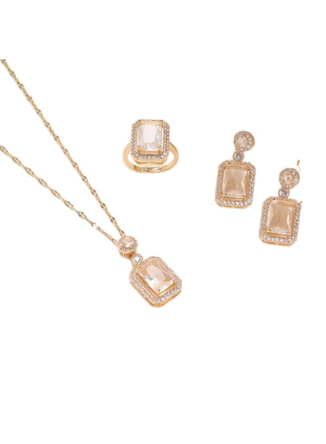 Julia Store Princess Style Rhinestone Zircon Simulated Emerald-Cut Pendant Earrings Ring Necklace for Women Square Cubic Zirconia Aesthetic 18K Gold Plated Stainless Steel Jewelry Set of 3 - White - Image 1