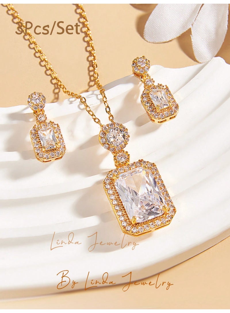 Julia Store Princess Style Rhinestone Zircon Simulated Emerald-Cut Pendant Earrings Ring Necklace for Women Square Cubic Zirconia Aesthetic 18K Gold Plated Stainless Steel Jewelry Set of 3 - White - Image 5