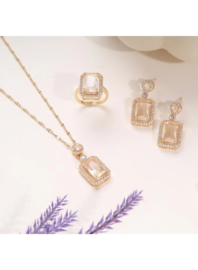 Julia Store Princess Style Rhinestone Zircon Simulated Emerald-Cut Pendant Earrings Ring Necklace for Women Square Cubic Zirconia Aesthetic 18K Gold Plated Stainless Steel Jewelry Set of 3 - White - Image 4